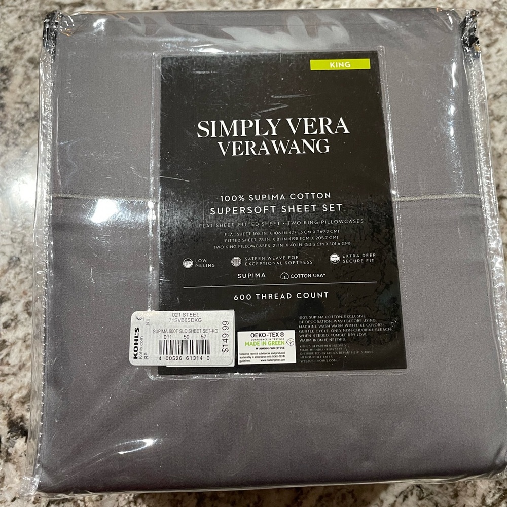 NEW in pkg: Simply Vera Vera Wang Steel Gray Supersoft Sheet Set, King